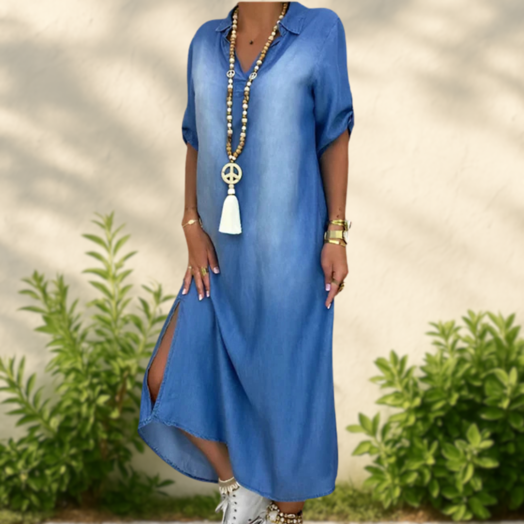 Joelle - Long Denim-Style Dress with Side Slit