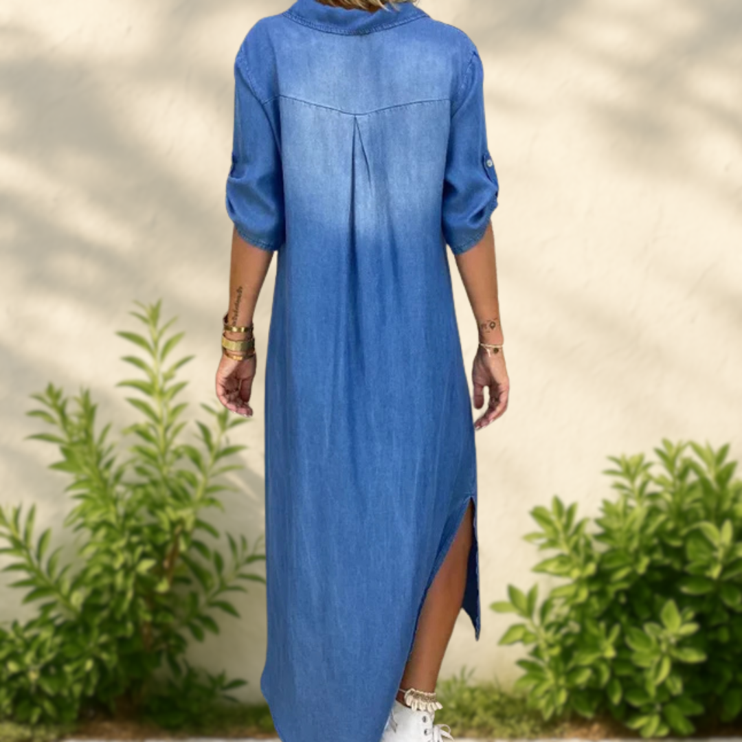 Joelle - Long Denim-Style Dress with Side Slit