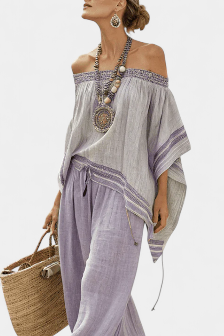 Sara - Elegante Off-Shoulder Top & Wijde Gestreepte Broek