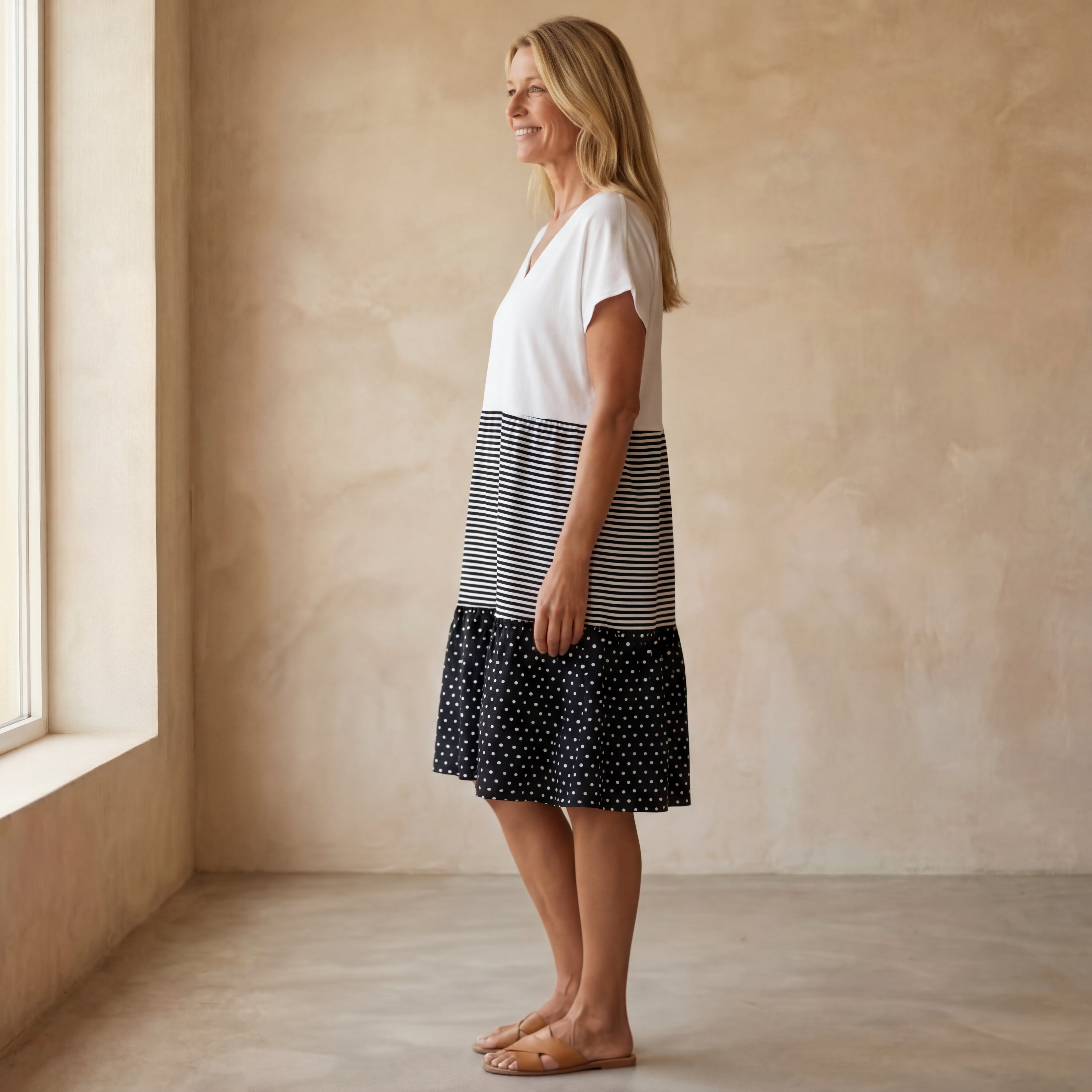 Carmen - Jurk met Strepen- en Stippenprint