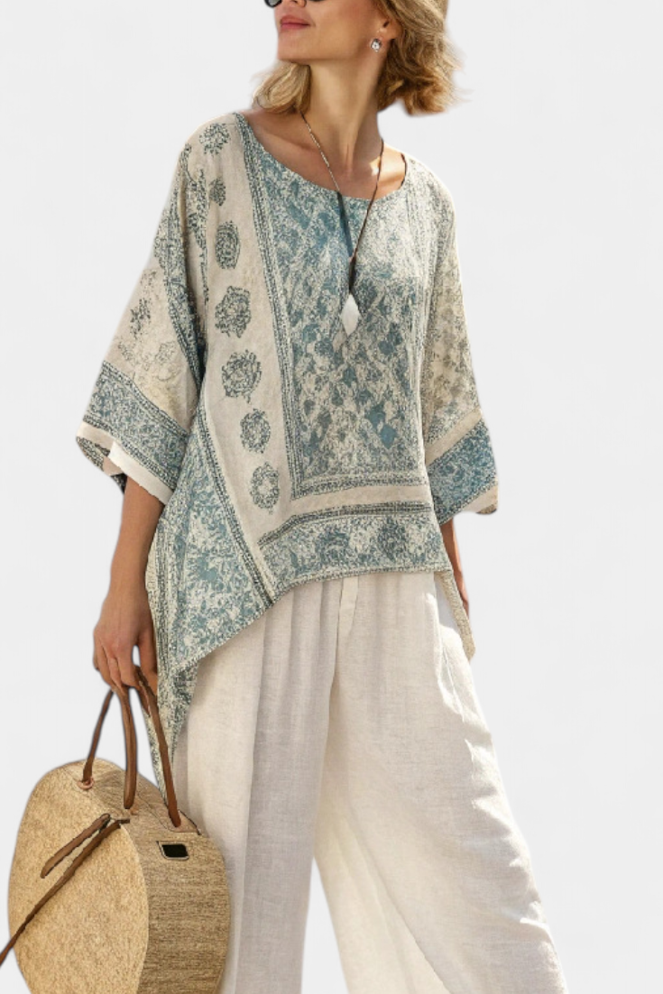 Fleur - Comfortabele Blouse Met Print & Wijde Witte Broek