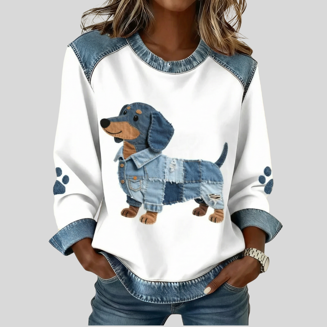 Tess - Denim Top met Hondenprint