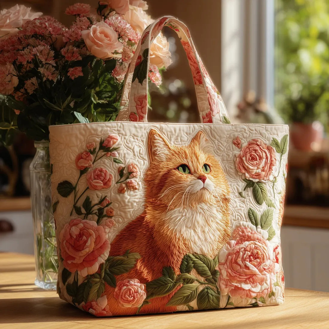 Gewatteerde Tas Rode Kat met Roze Rozen