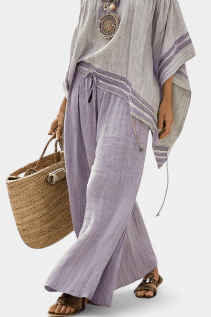 Sara - Elegante Off-Shoulder Top & Wijde Gestreepte Broek