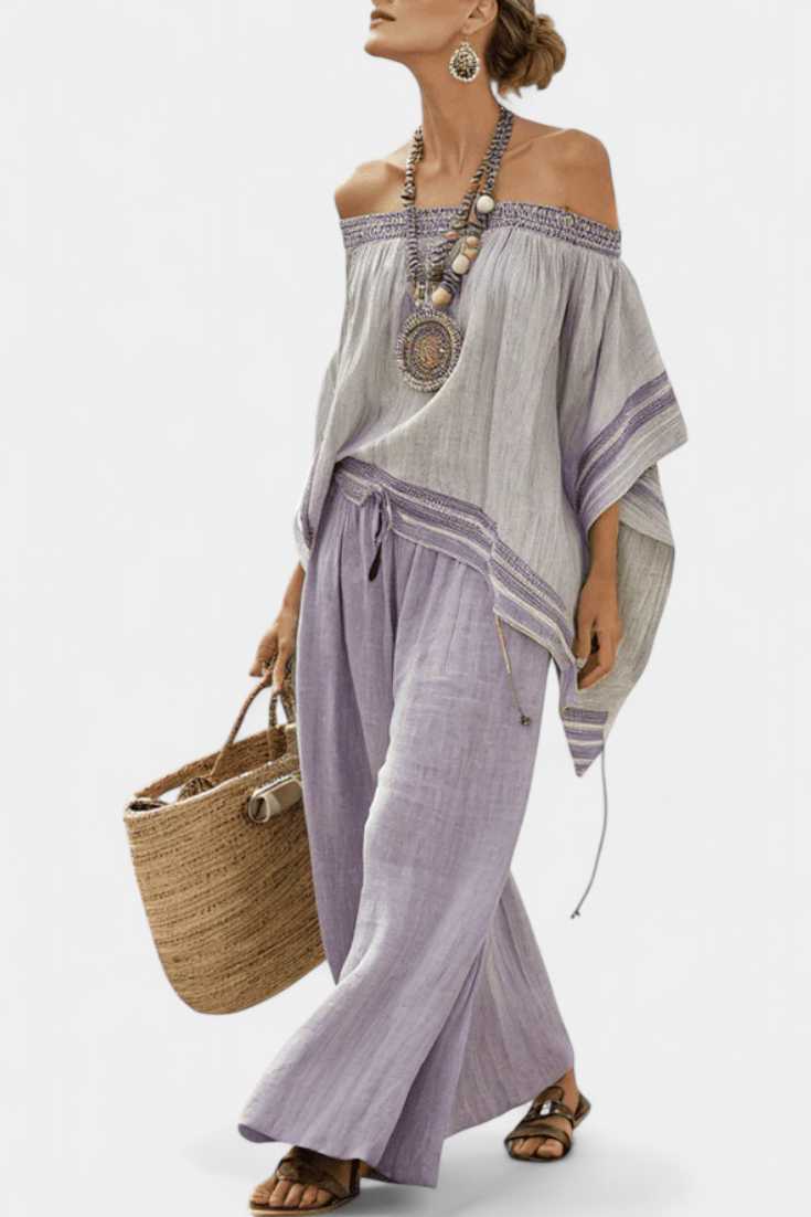Sara - Elegante Off-Shoulder Top & Wijde Gestreepte Broek