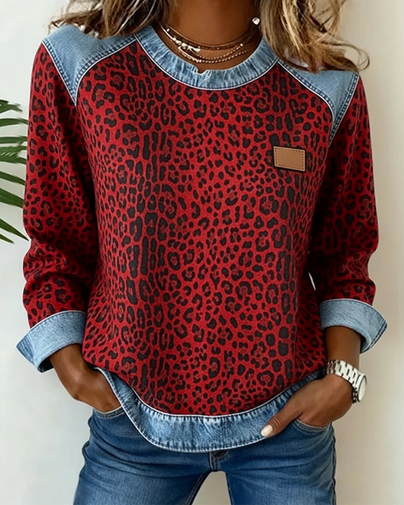 Trui met Luipaardprint en Denim Patchwork