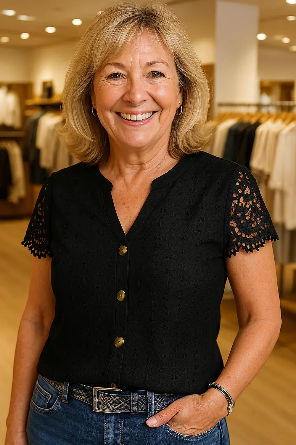 Louise - Casual V-Neck T-Shirt with Embroidered Lace