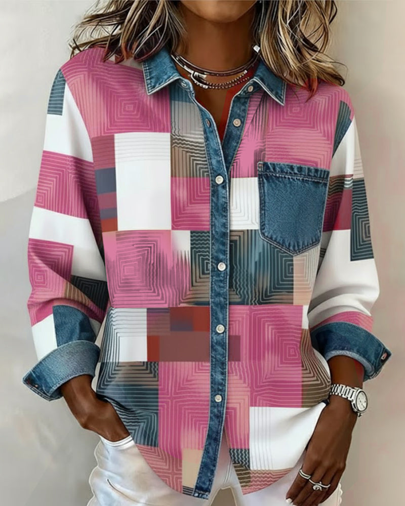 Kleurblok Shirt met Modieuze Kraag
