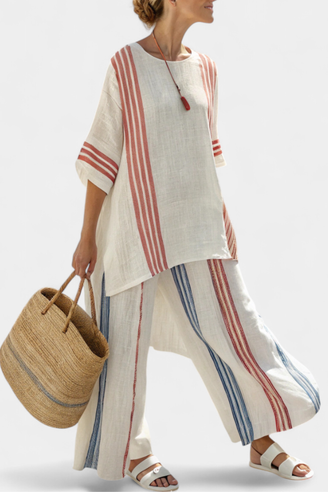 Yara - Verfijnde Multikleur Gestreepte Top & Mediterrane Broek