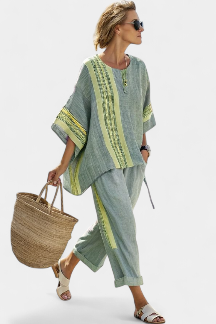 Linde - Elegante Lavendel Top & Mosterd Gestreepte Broek