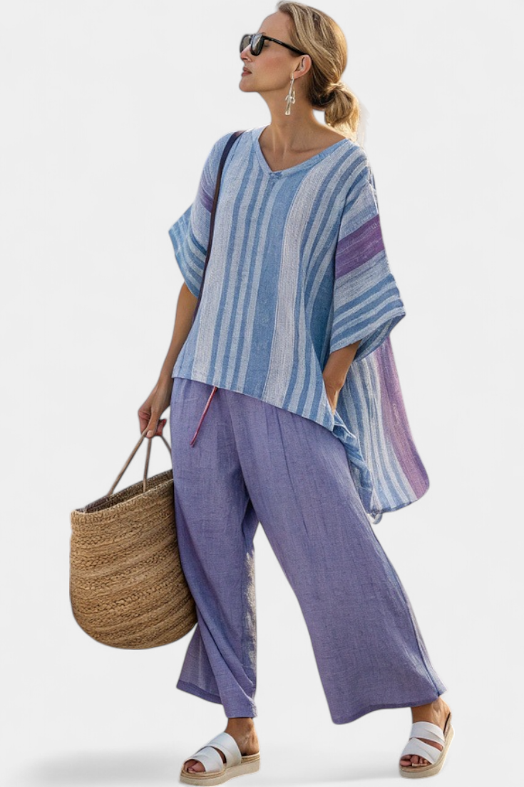 Demi - Elegante Lavendel & Hemelsblauwe Top & Linnen Broek
