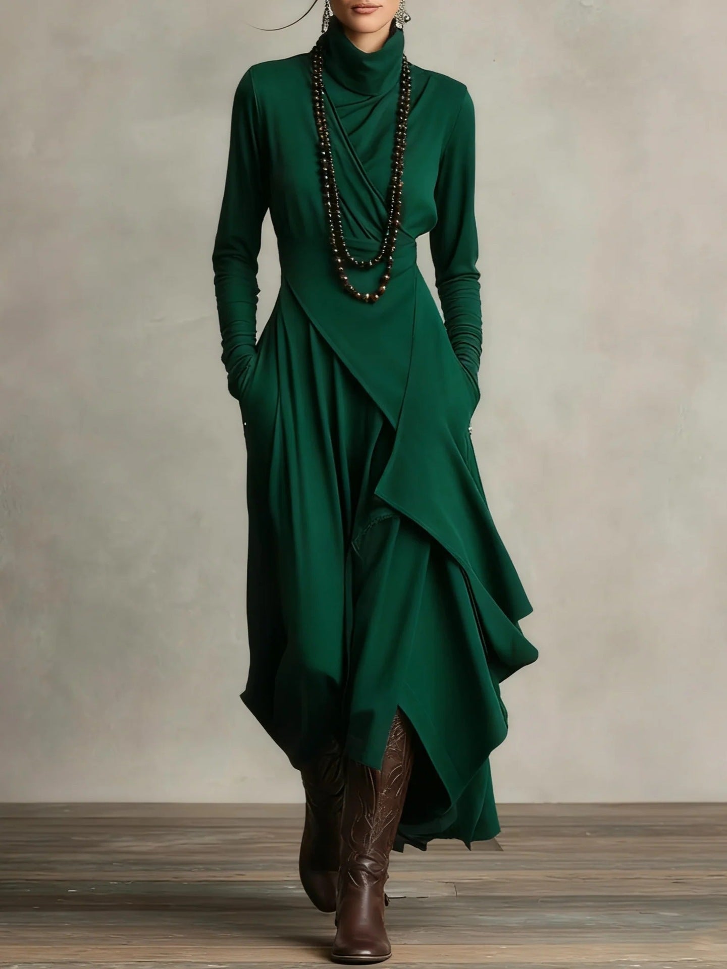 Valeria - Asymmetrical Maxi Knit Dress with Roll Neck