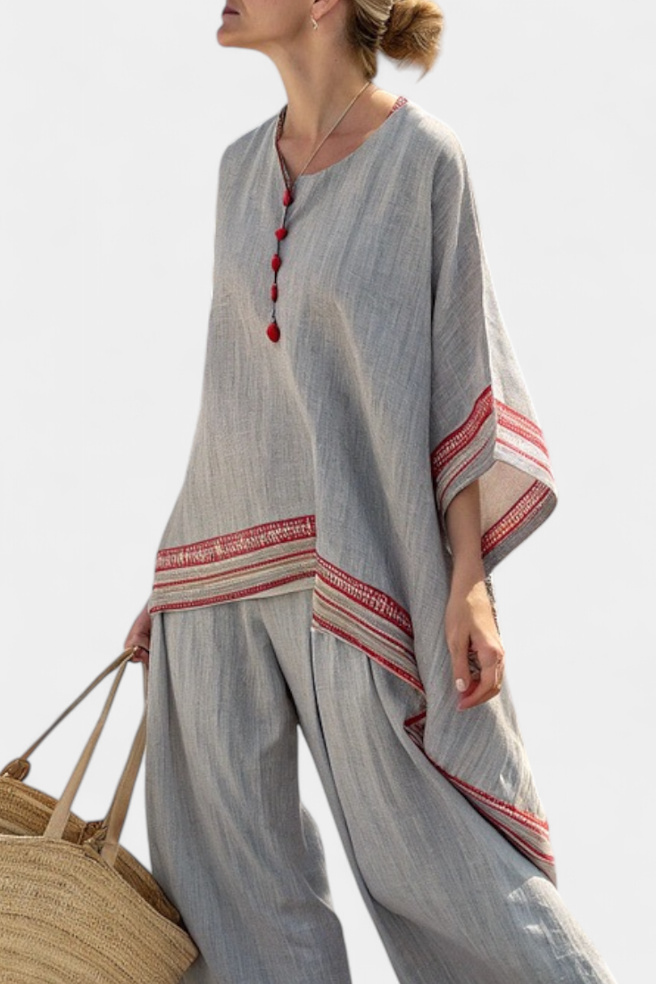 Sanne - Verfijnde Asymmetrische Blouse & Etnische Wijde Broek