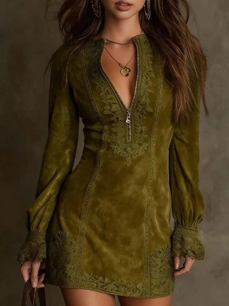 Becky - Short Suede Lace Dress Feminine