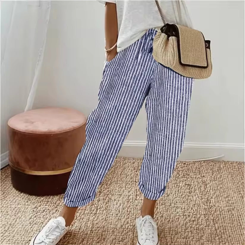 Sofie – Ademende Linnen Pantalon, Casual en Stijlvol (Blauw gestreept)