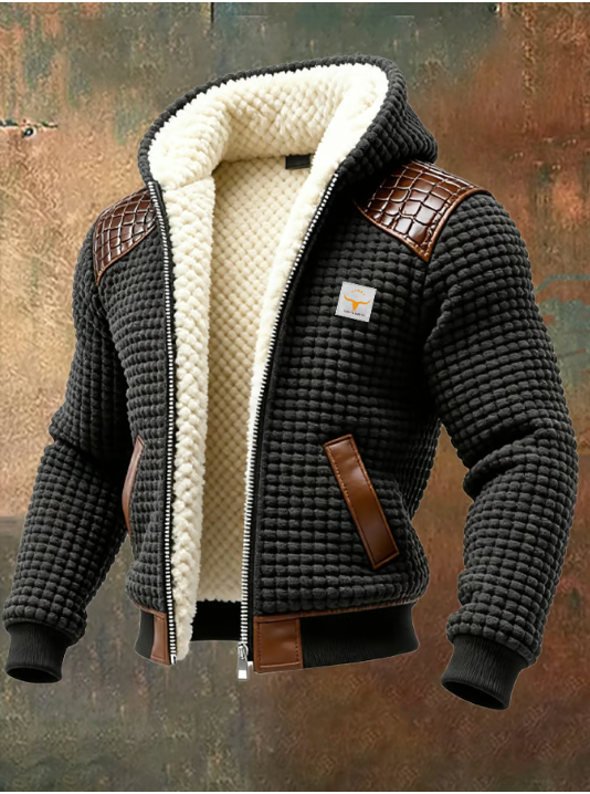 Adrian - Zwarte gewatteerde jas met leren mouwen