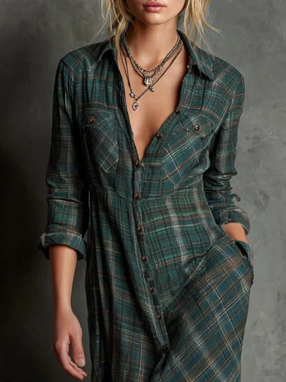 Roos | Geruite revers single-breasted shirt lange jurk