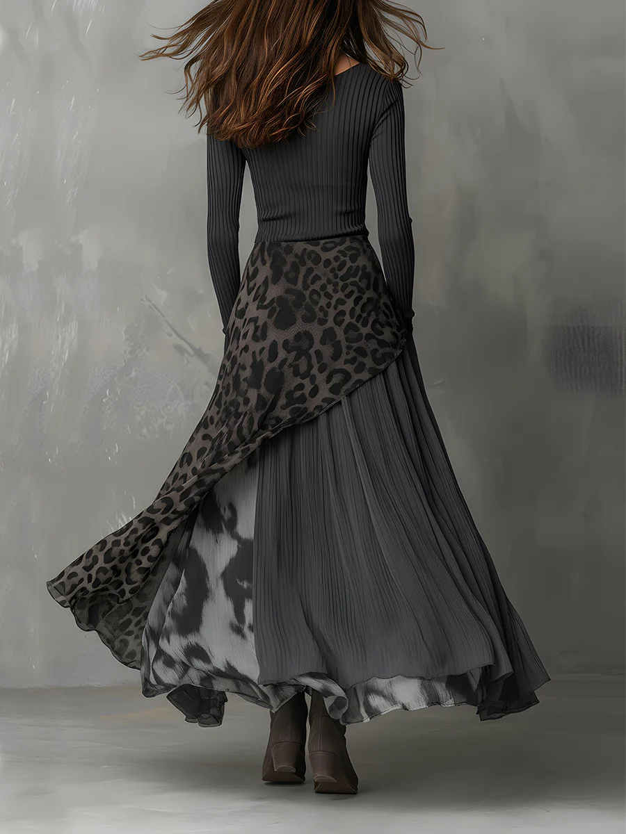 Grijze Pit Stripe Luipaardprint Splicing Ongelijke Zoom Maxi Jurk