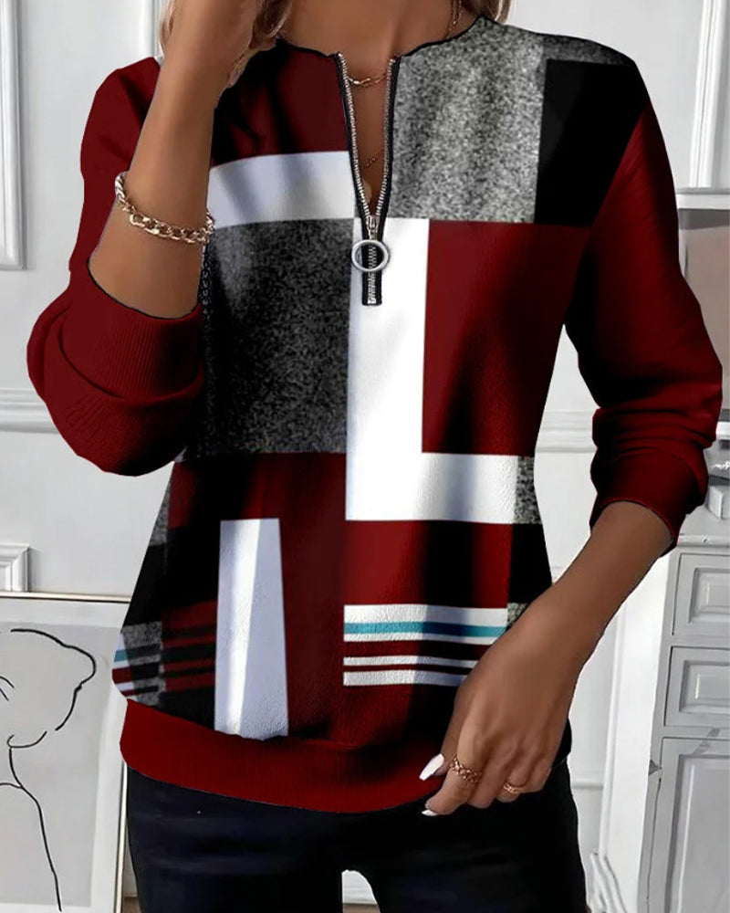 Casual Trui met Halve Rits en Print