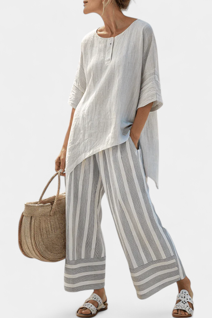 Sophie - Elegante Asymmetrische Blouse & Gestreepte Broek
