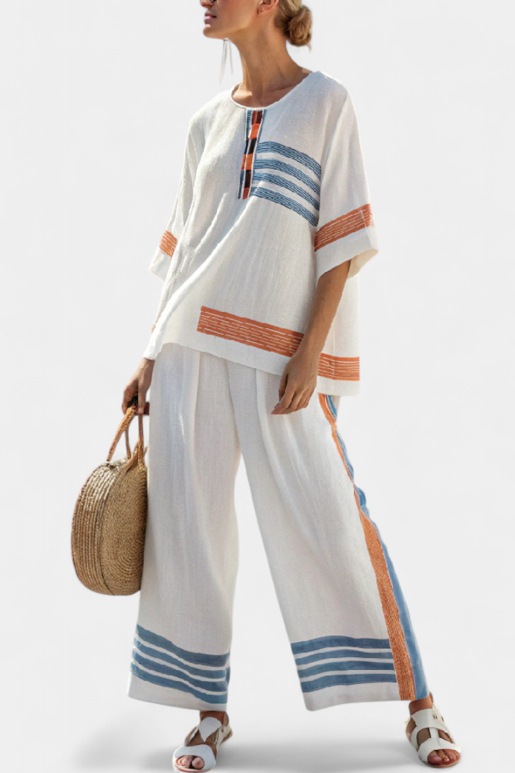 Romy - Verfijnde Blauw-Oranje Gestreepte Top & Broek